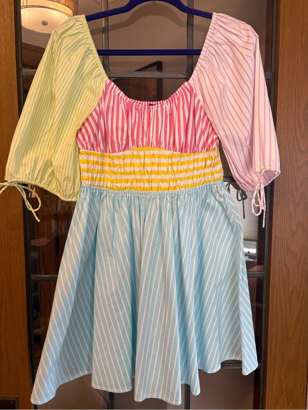 STAUD Multicolor Striped Puff-Sleeve Dress — Pink, Blue, Yellow, Green